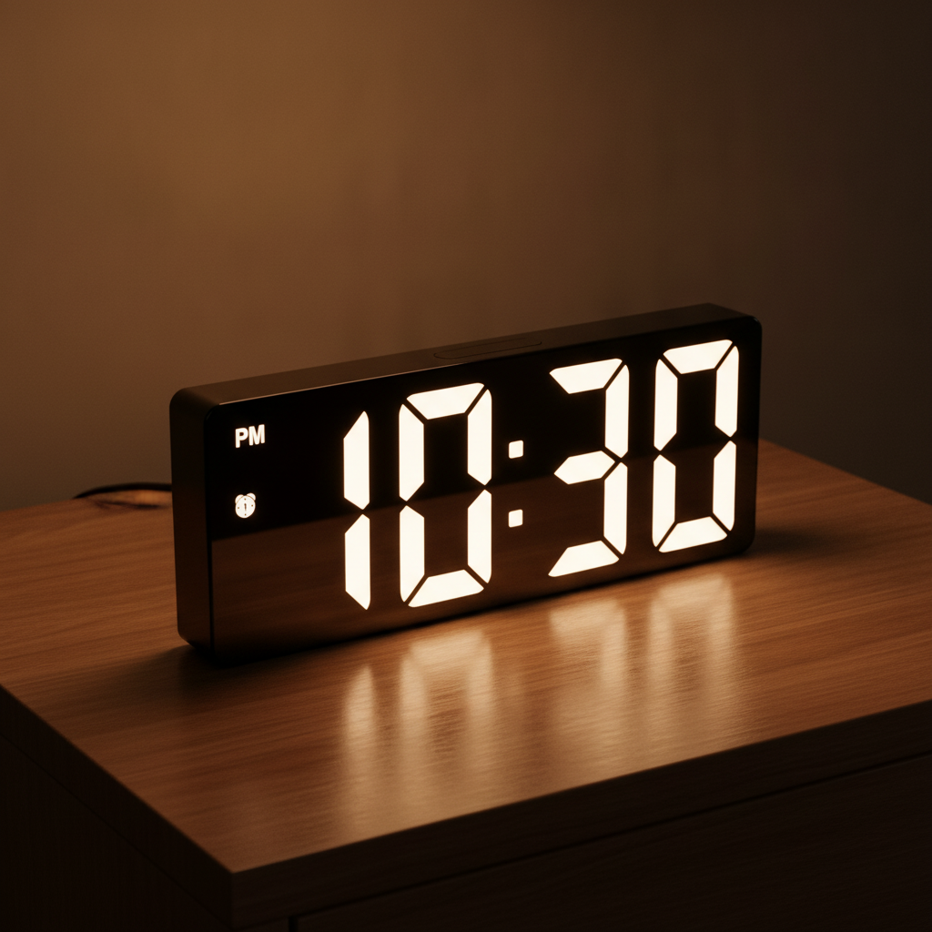 Digital alarm clock on a warm wooden nightstand at night showing the time in large white digits