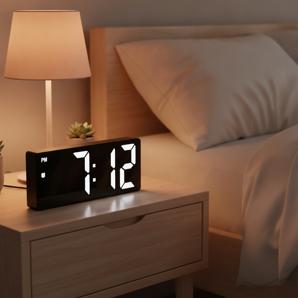 Digital alarm clock on a nightstand next to a lamp, with no phone in sight