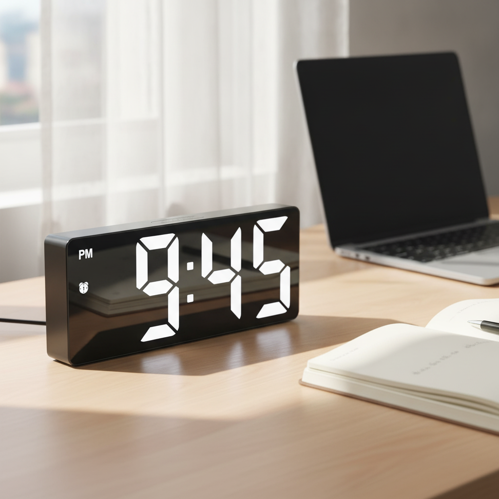 Digital alarm clock on a bright work desk next to a notebook and laptop during the day
