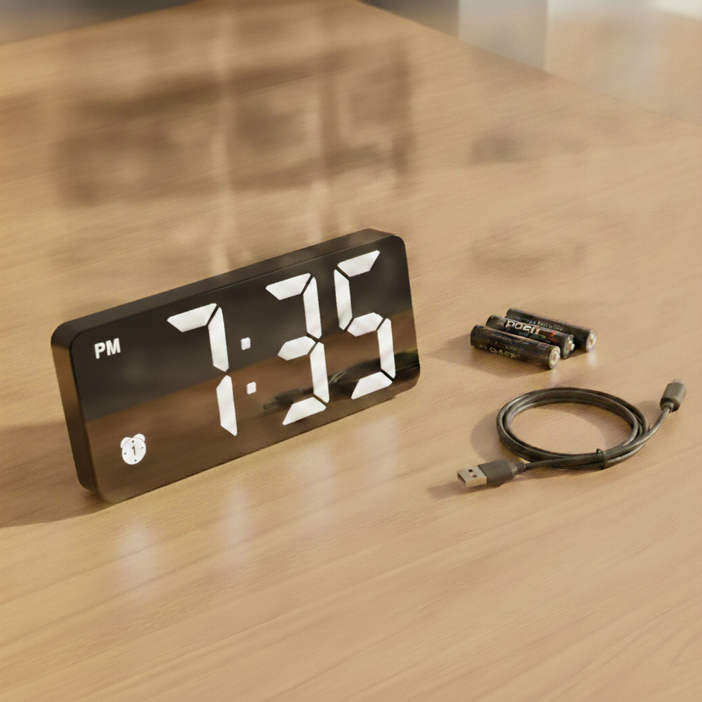 Digital alarm clock beside three AAA batteries and its coiled charging cable on a wooden desk