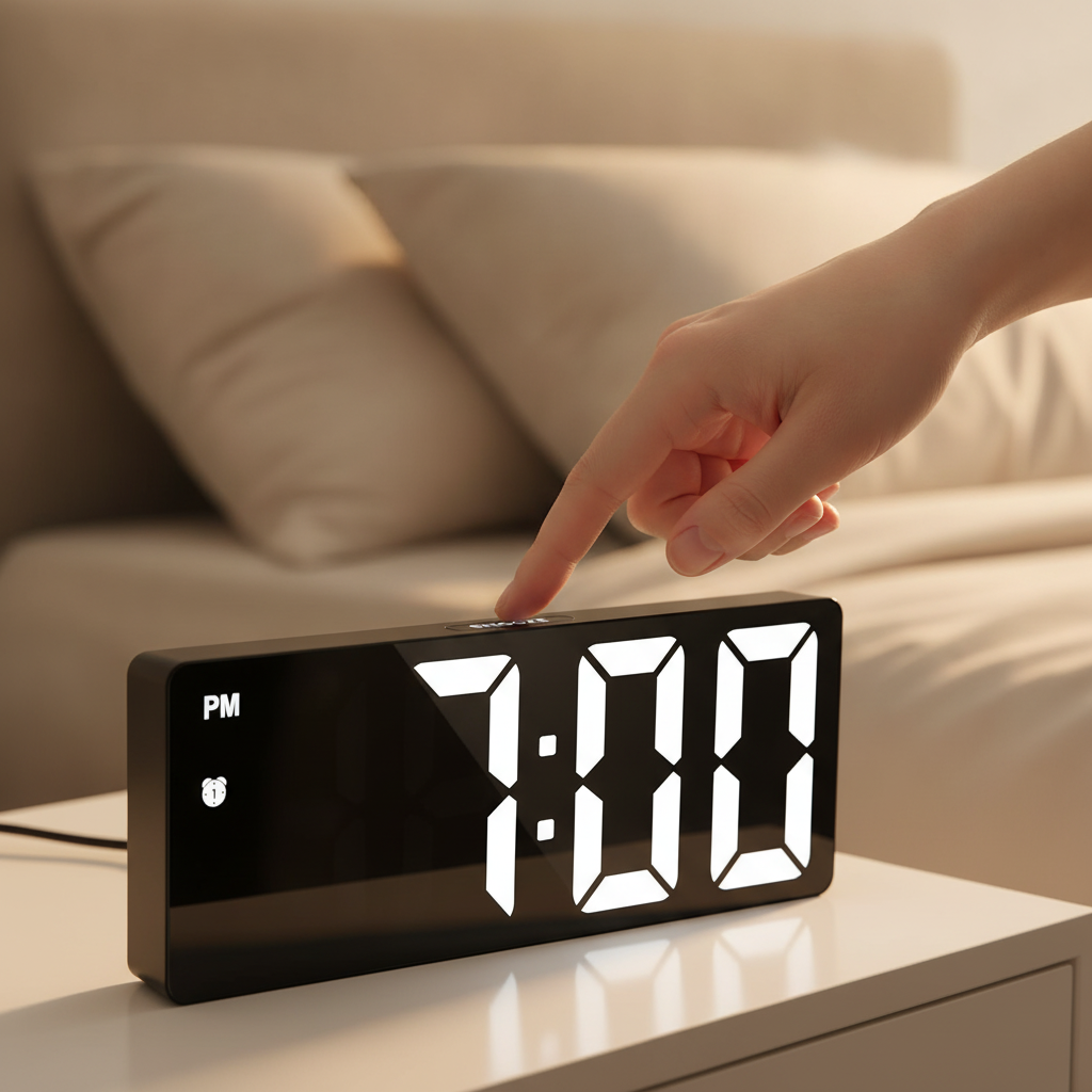 Hand tapping the touch snooze strip on top of the digital alarm clock in the morning