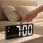 Hand tapping the touch snooze strip on top of the digital alarm clock in the morning