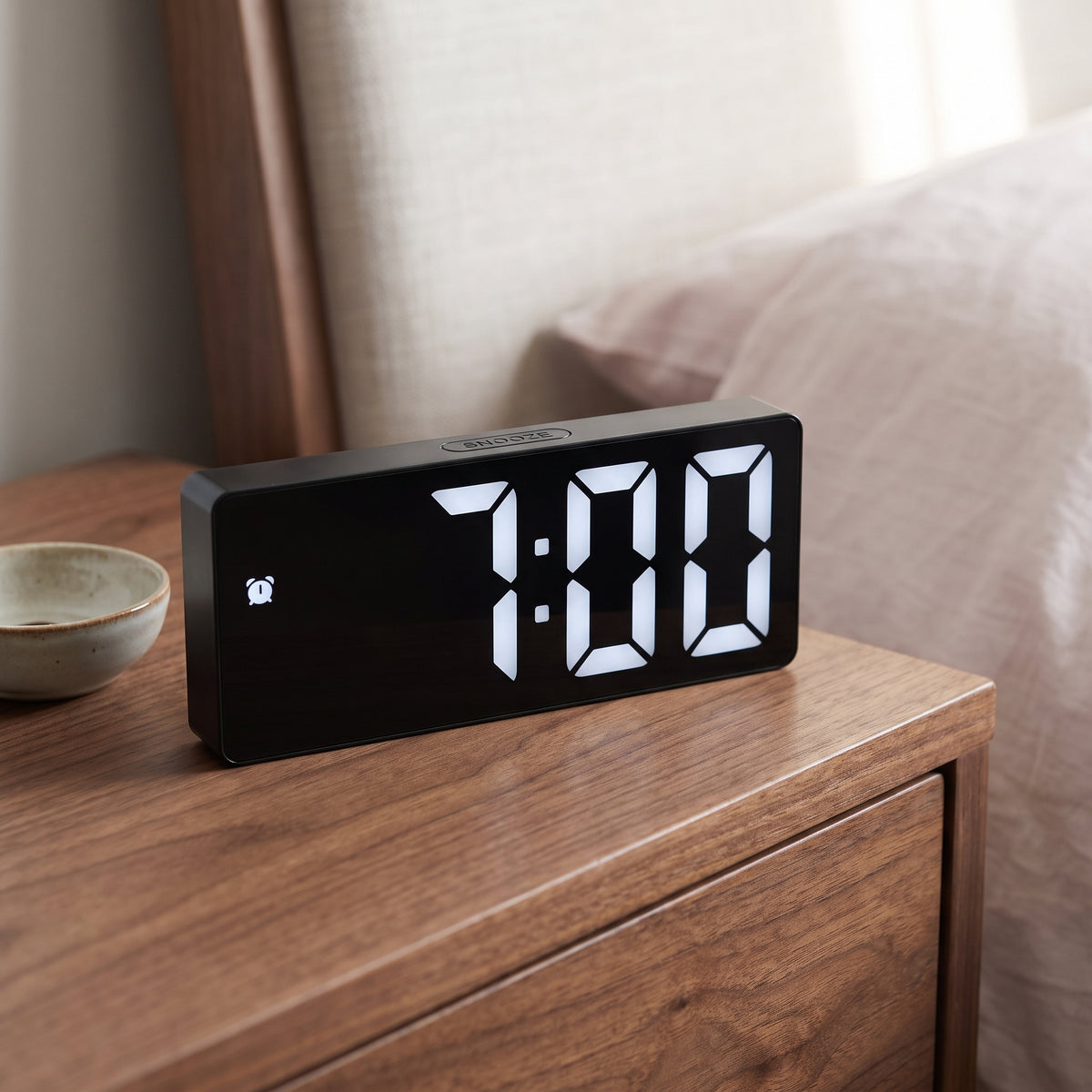 The alarm clock seen from the pillow in morning light, reading 7:00 beside a small dish