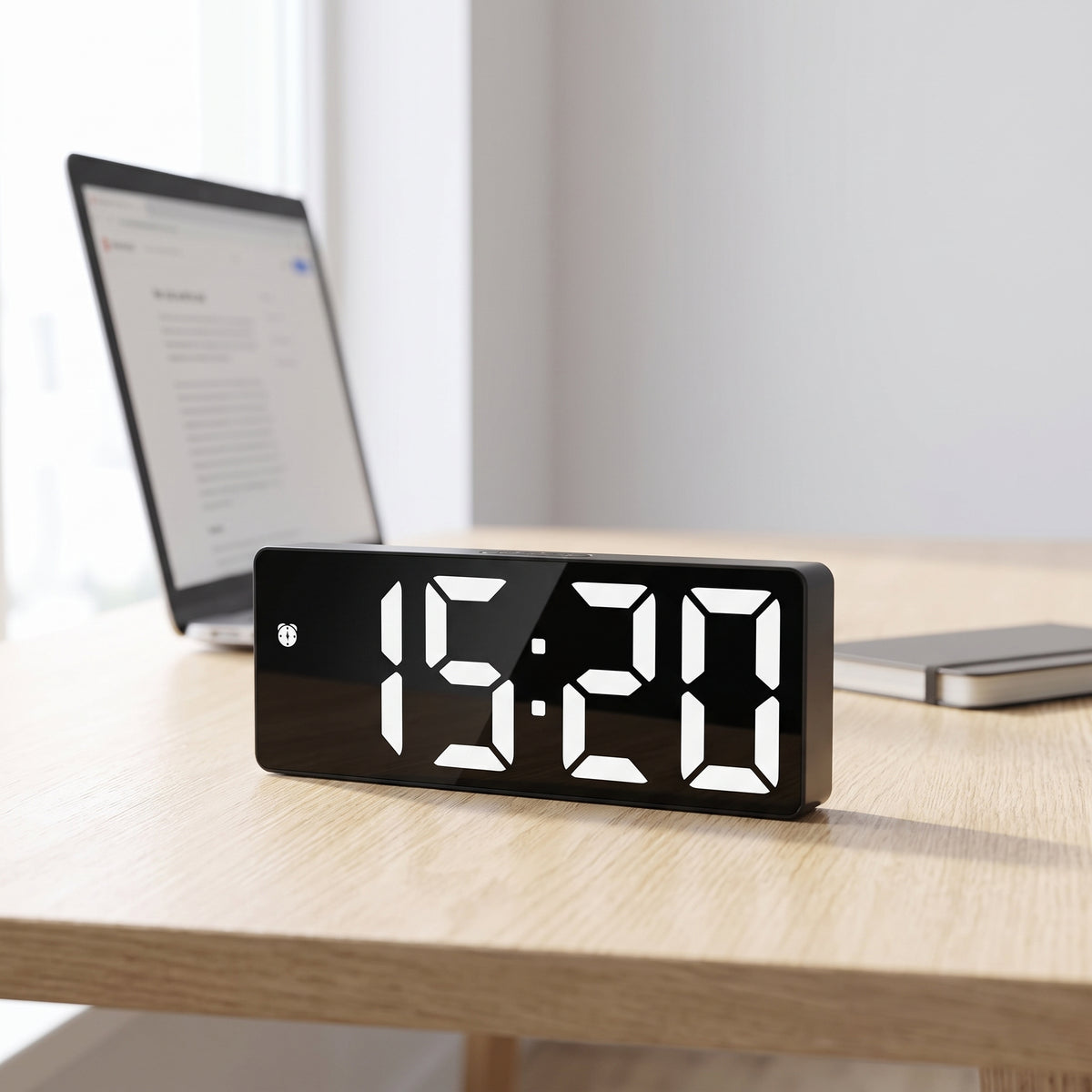 The alarm clock on a daylit work desk in front of an open laptop, reading 15:20