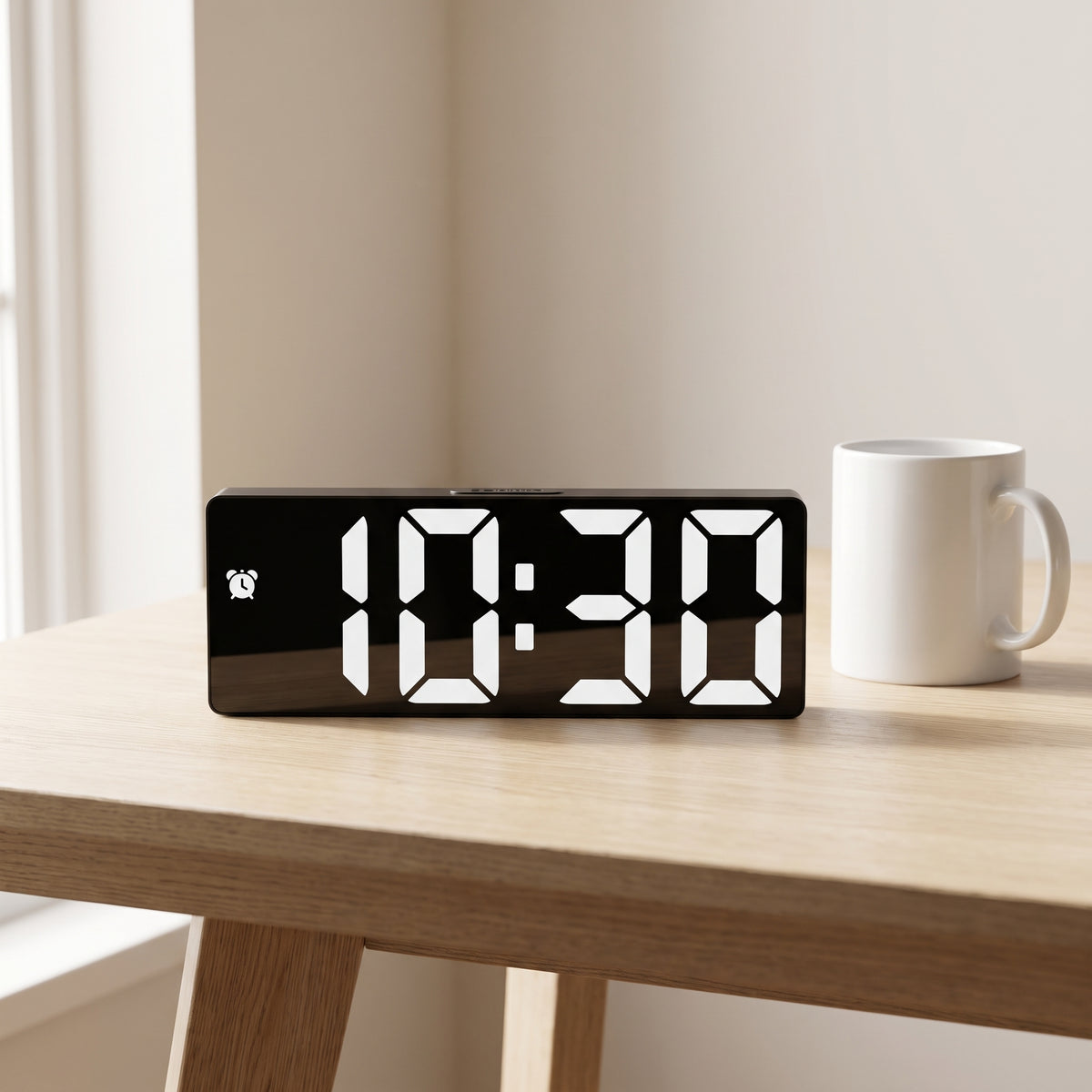 The alarm clock side by side with a white ceramic mug on a pale oak table, showing its size