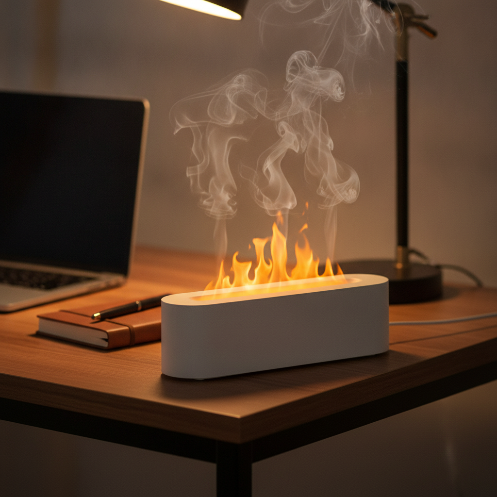 Flame-effect diffuser on a work desk beside a laptop, notebook, and pen during a focus session