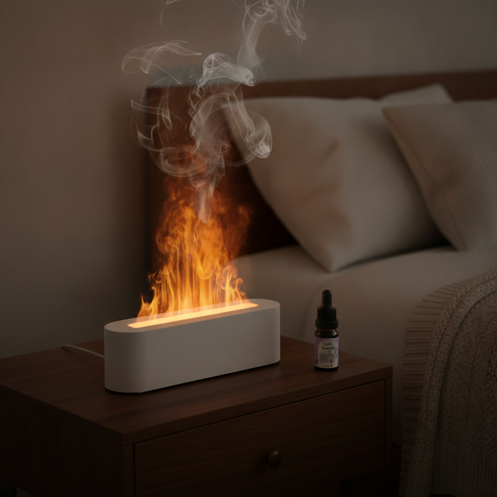 Flame-effect diffuser on a nightstand beside a folded blanket during a bedtime wind-down ritual