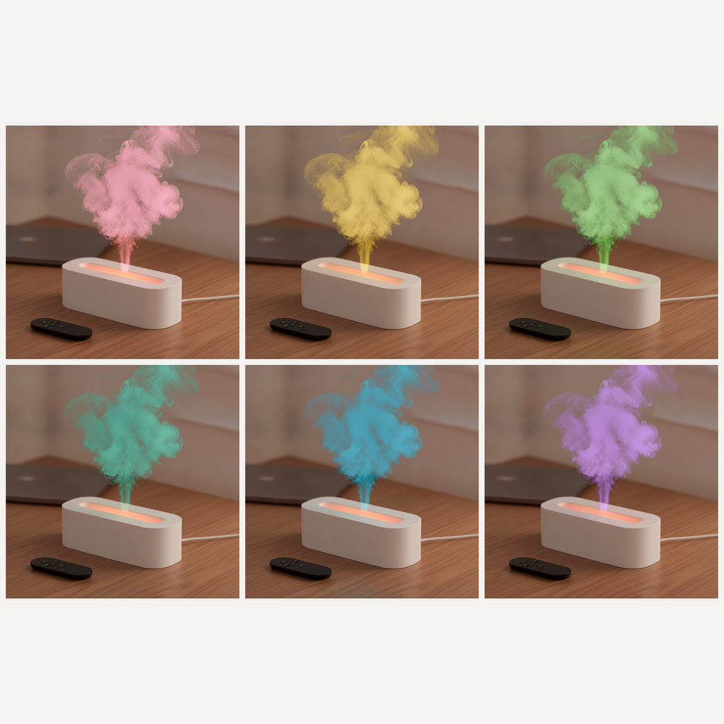 Six views of the diffuser showing its color-changing mist in pink, yellow, green, teal, blue, and purple
