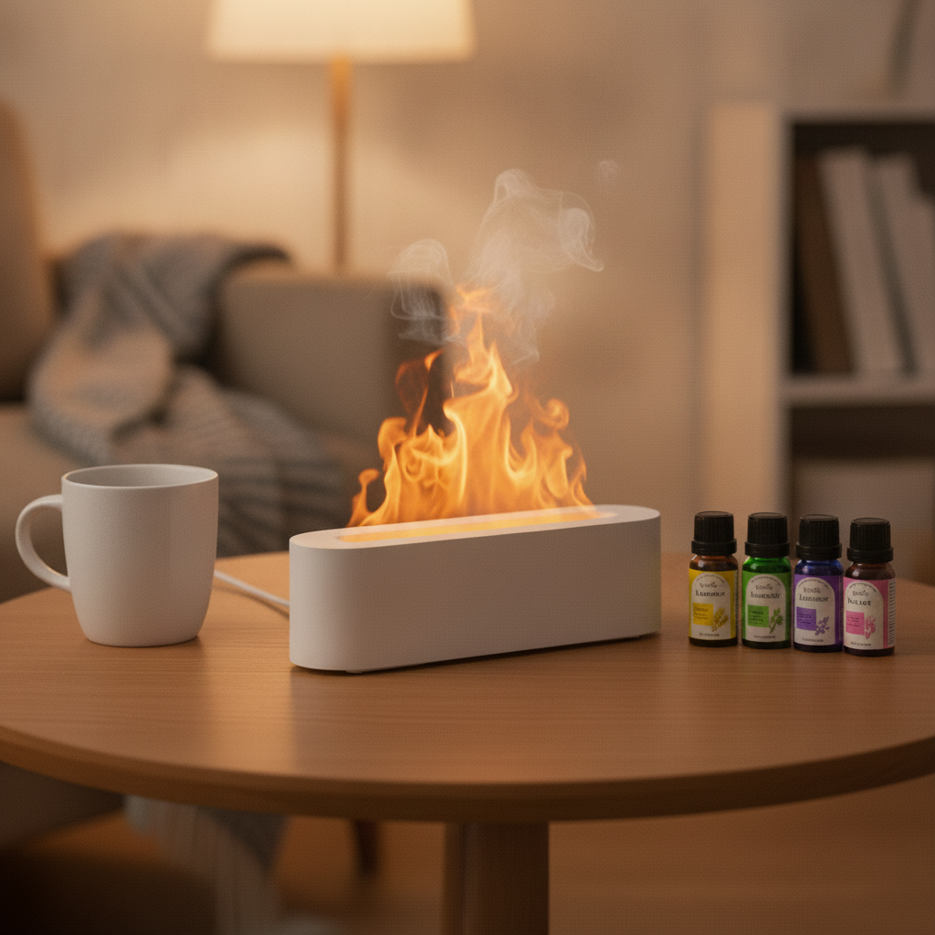 Diffuser beside a coffee mug and the four included essential oil bottles for size reference