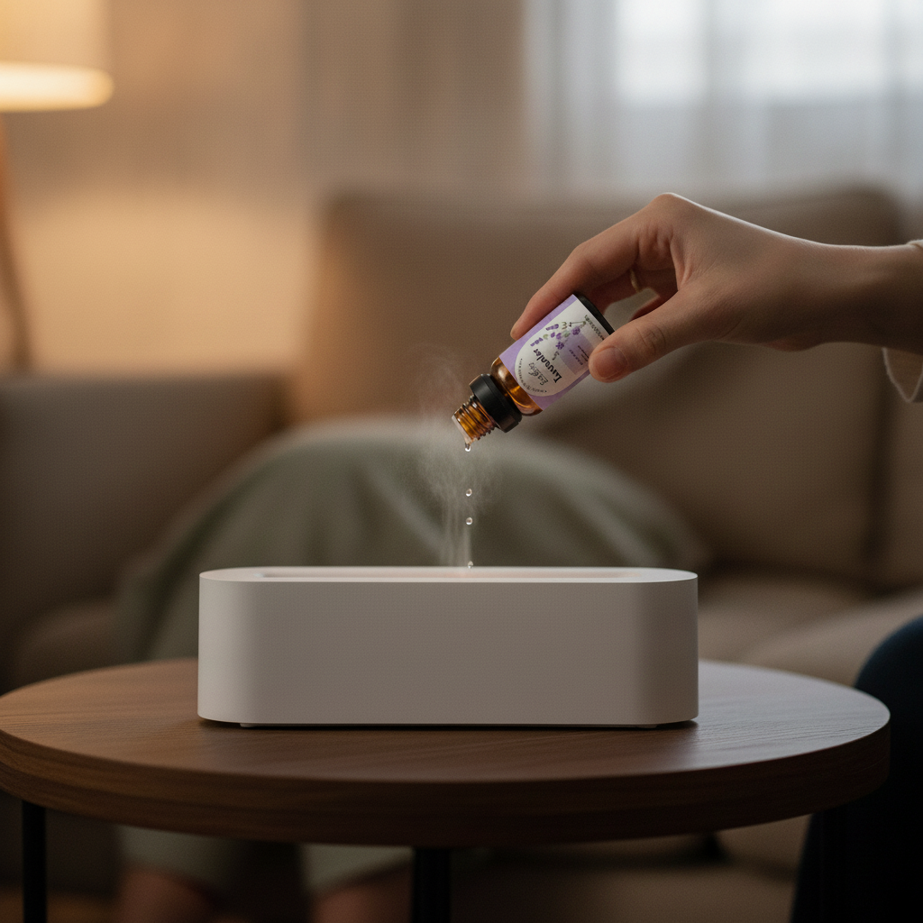 Hand pouring drops of lavender essential oil into the diffuser's top slot
