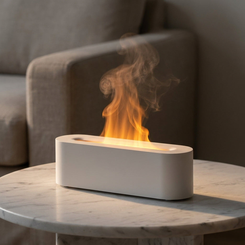 White pill-shaped flame-effect diffuser switched on atop a marble side table, an amber-lit plume of mist rising from its slot
