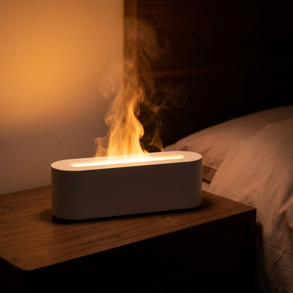 The diffuser glowing on a walnut nightstand at night, its amber light the only light in the bedroom