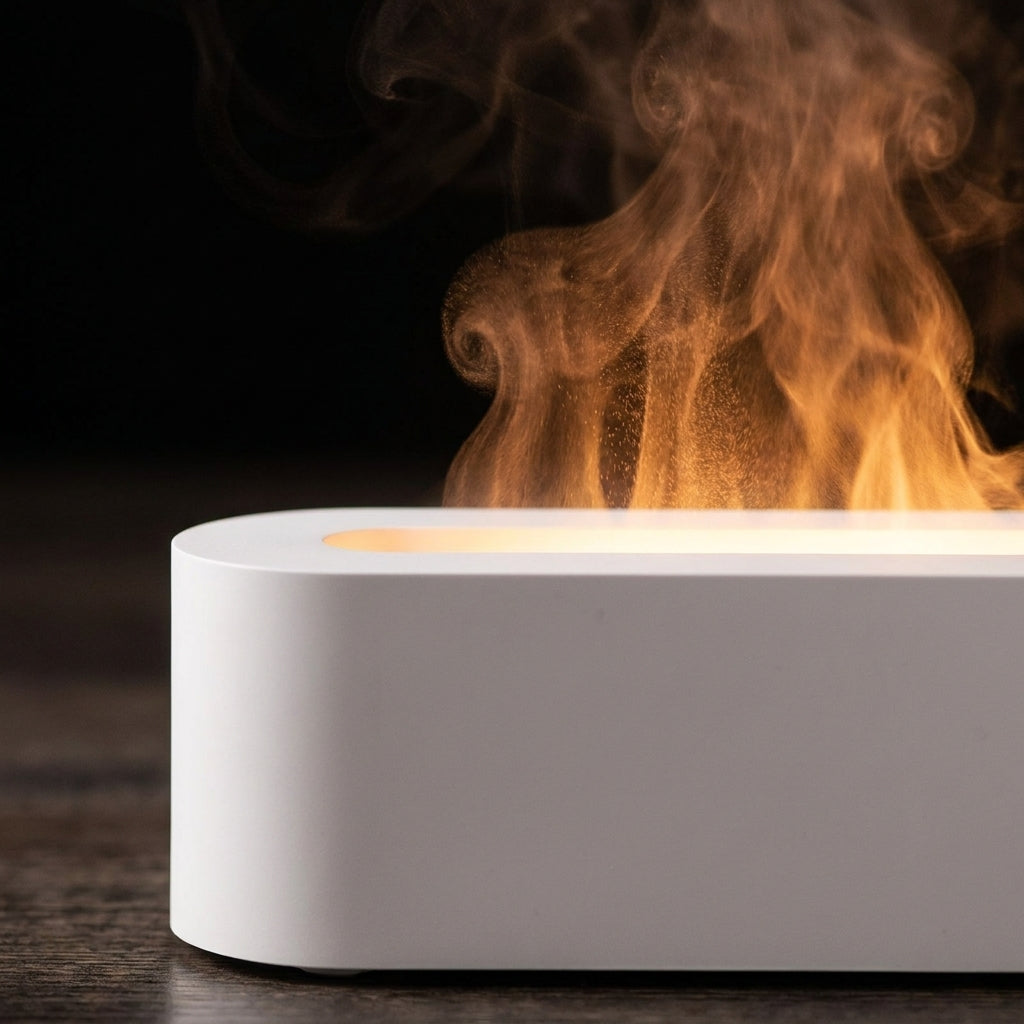 Close-up of the diffuser's slot showing the flame effect is fine ultrasonic water mist lit from below, not fire