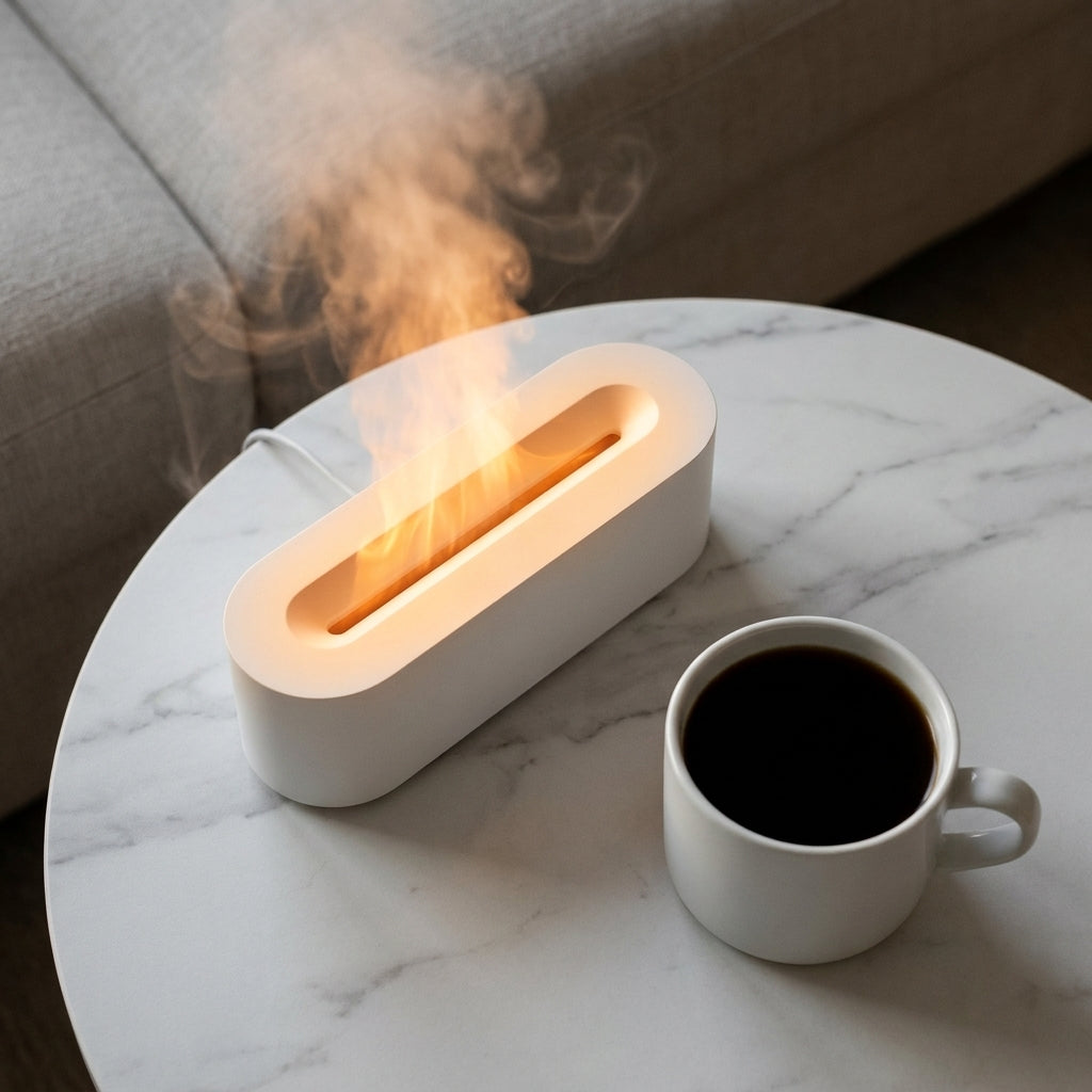 The diffuser seen from above beside a white ceramic coffee mug, showing its pill-shaped footprint and size