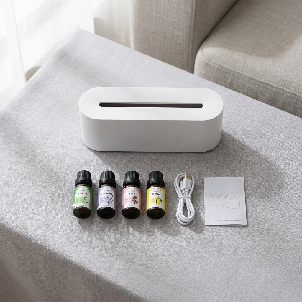 What comes in the box: the diffuser switched off with four amber bottles of essential oil, a USB-C cable and a leaflet