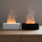 The two colourways side by side on a sideboard, white and matte black, both switched on