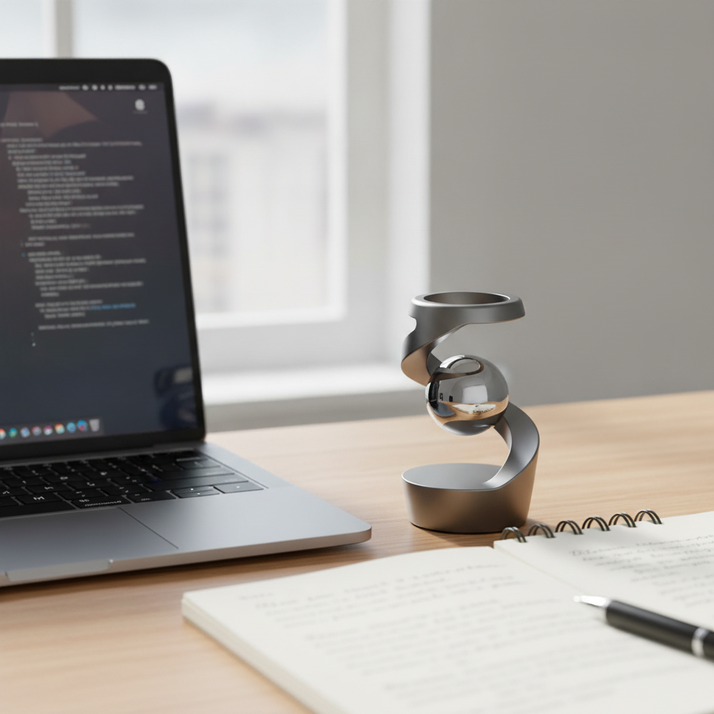 Kinetic levitator on a work desk beside a laptop and notebook during a deep-work session