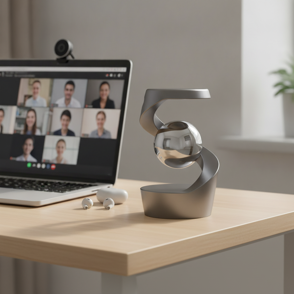 Kinetic levitator on a desk beside a laptop set up for a video call