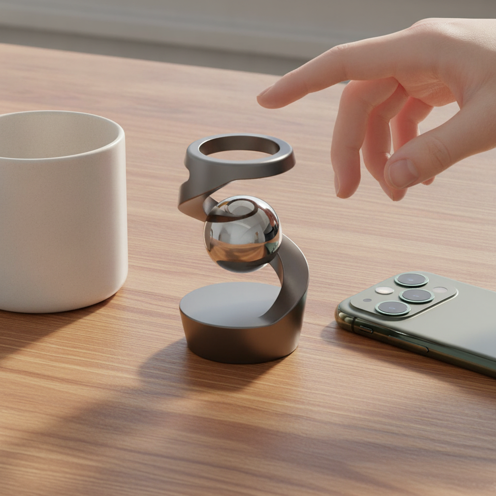 Hand reaching toward the levitator next to a coffee mug and phone for size reference
