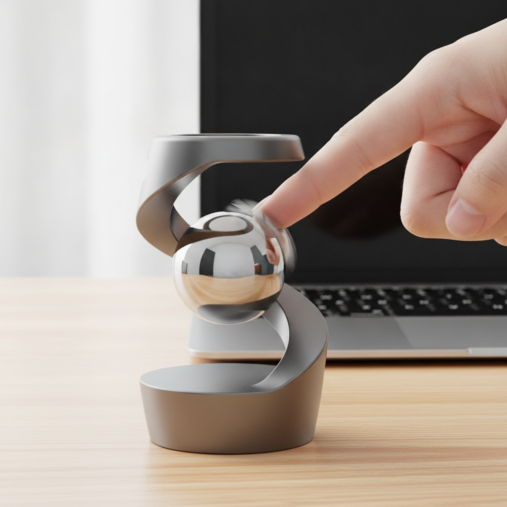 Finger flicking the levitator's floating ball to spin it on a desk