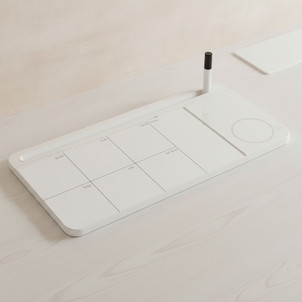 White glass desk whiteboard lying flat on a pale oak desk with its marker in the holder