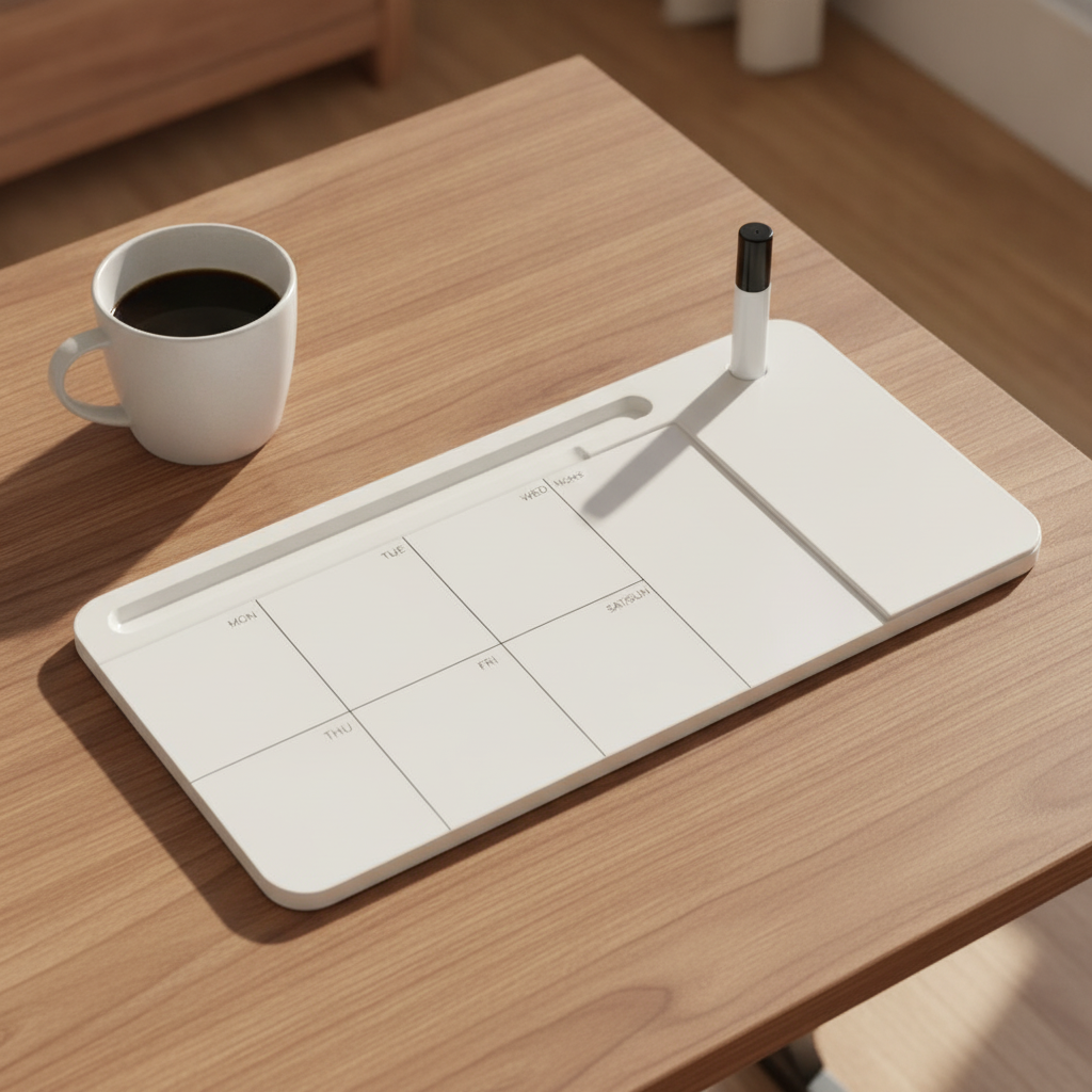 Glass desk whiteboard on a walnut desk beside a white mug of black coffee