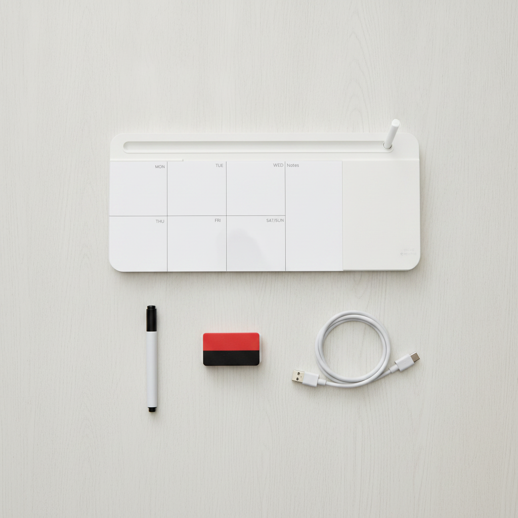 The glass desk whiteboard laid out with its marker, eraser block and coiled USB cable