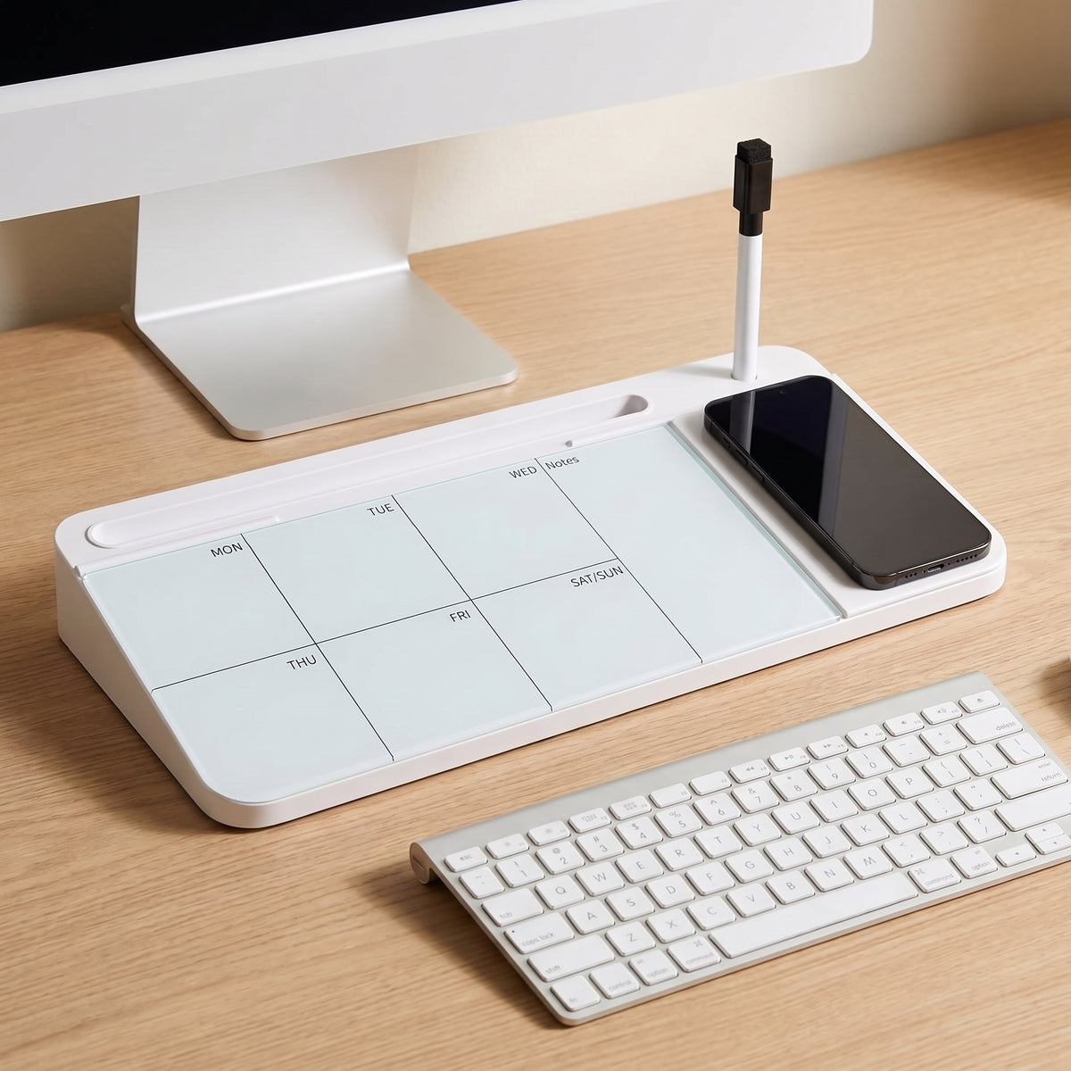 The whiteboard in place between a monitor stand and a keyboard, with a phone charging face-up on its pad