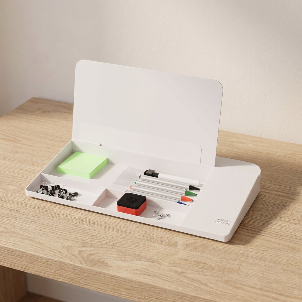 The glass lid lifted open, showing the organiser compartments underneath with sticky notes, binder clips, markers and the eraser