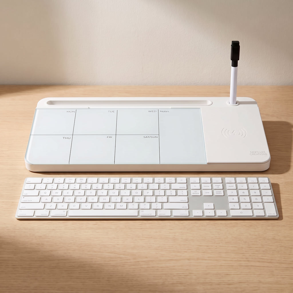 The whiteboard beside a full-size keyboard on the same desk, showing how wide it is