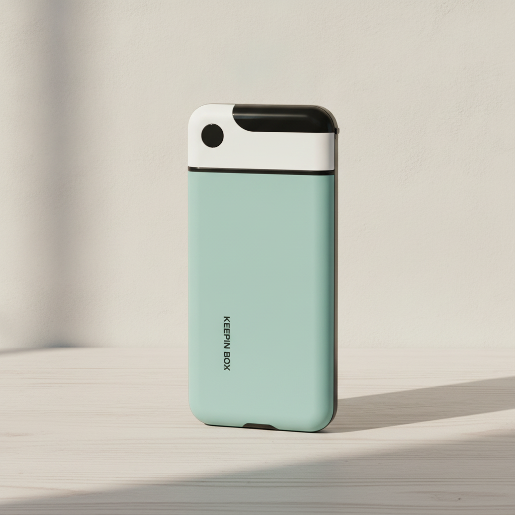 Mint phone lock box standing closed on a pale oak desk in soft daylight