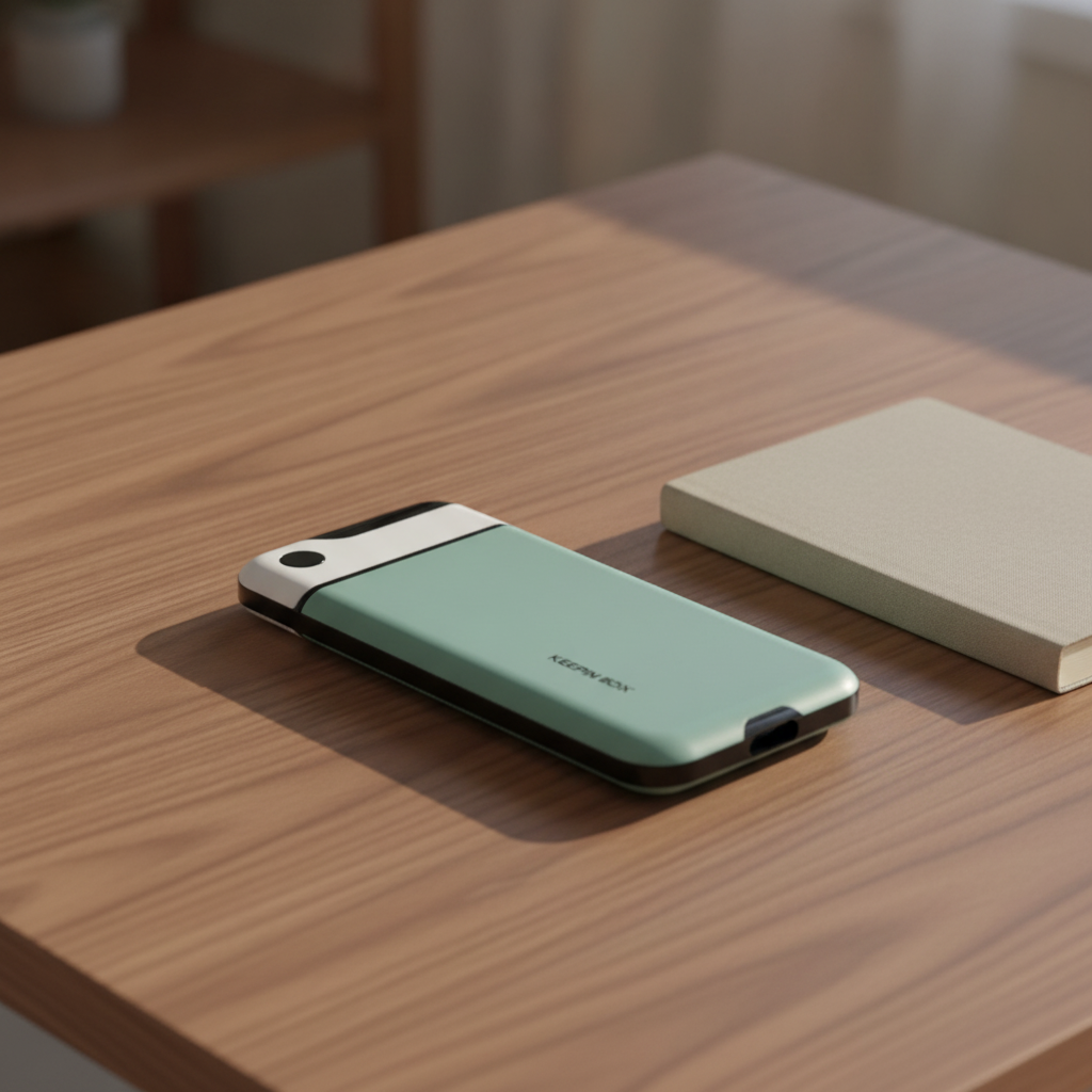 Mint phone lock box lying closed on a walnut desk beside a closed notebook