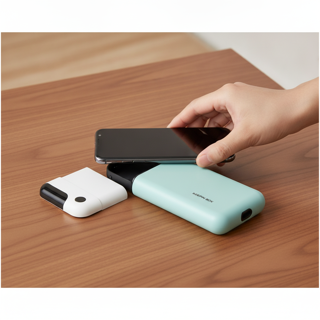 Hand lowering a phone into the open mint lock box with its white lid set down beside it