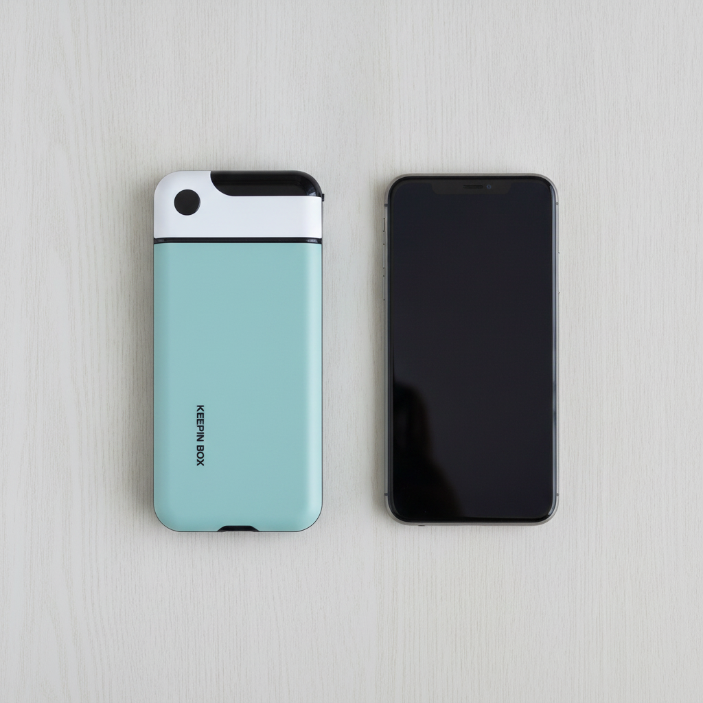 Overhead view of the mint lock box lying beside a smartphone to compare their size