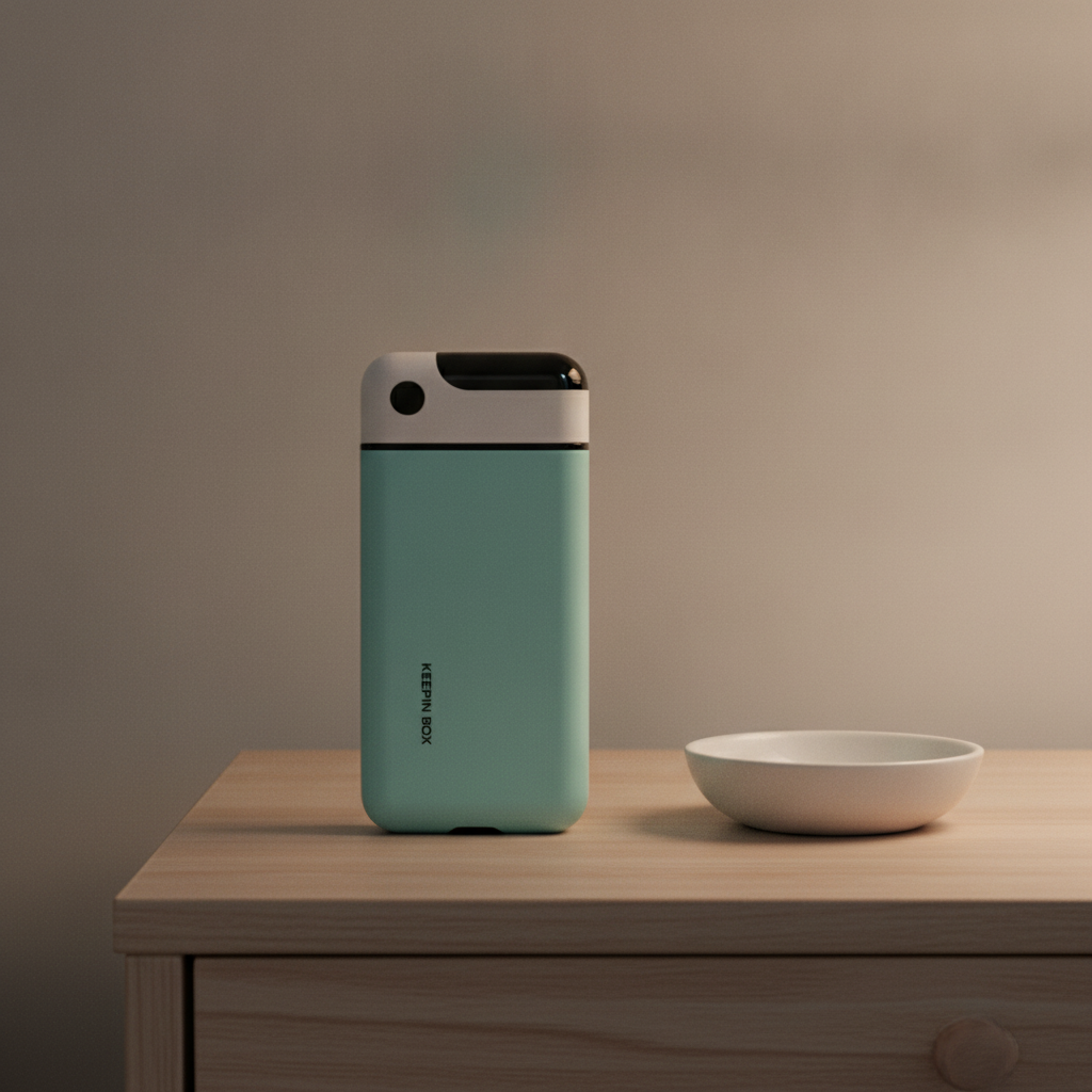 Mint phone lock box closed on a bedside table beside a small ceramic dish under lamp light