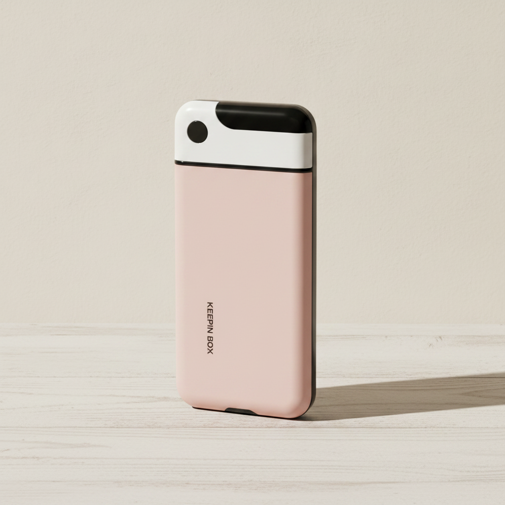 Blush pink phone lock box standing closed on a pale oak desk