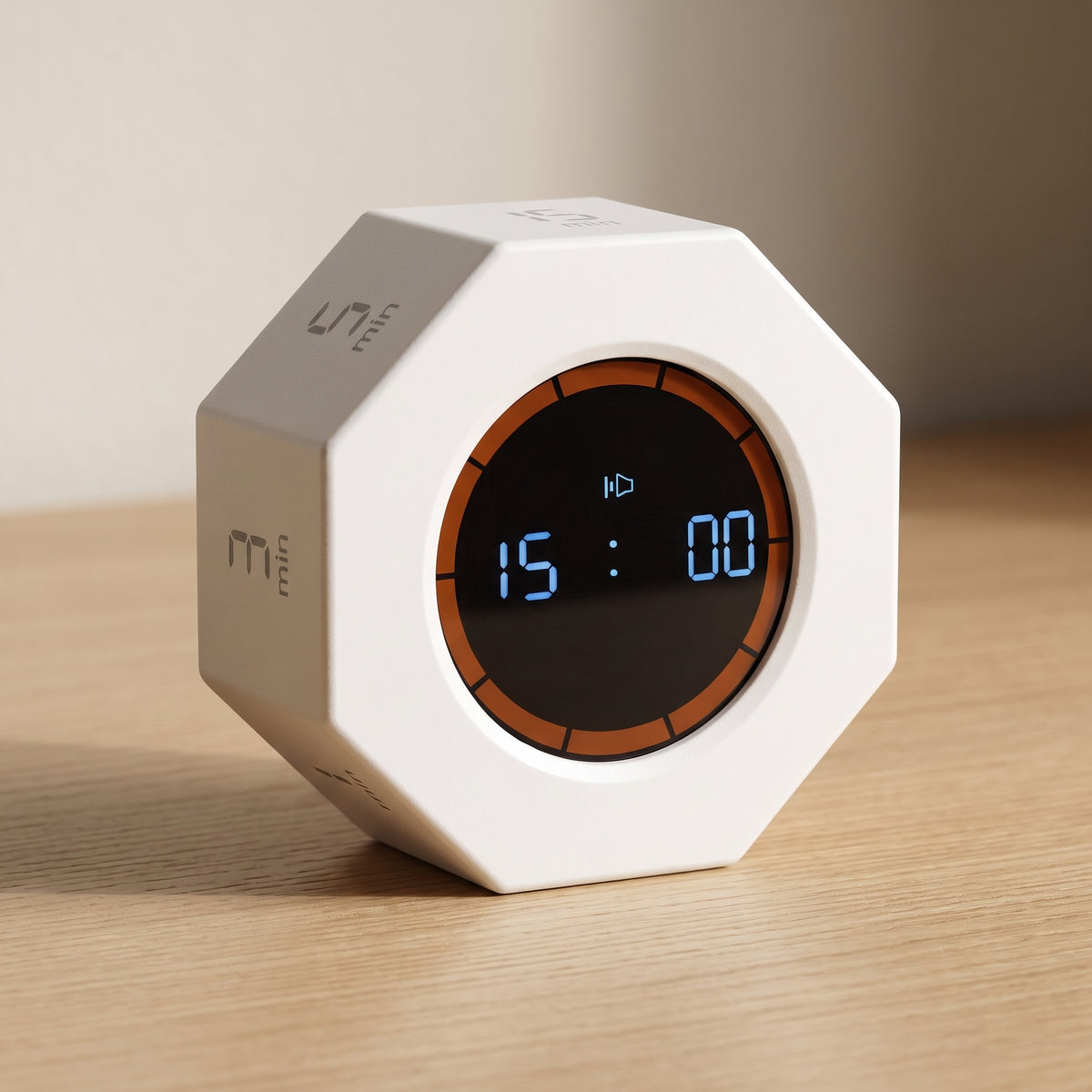 White octagonal focus timer on a pale oak desk, its round display showing 15:00 inside the amber ring