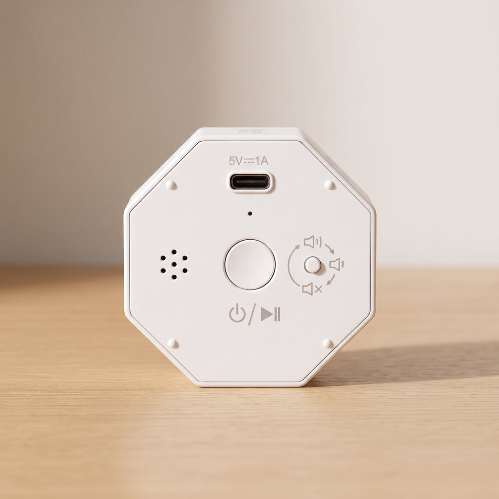Back face of the timer with the USB-C port, speaker grille, central button and volume wheel