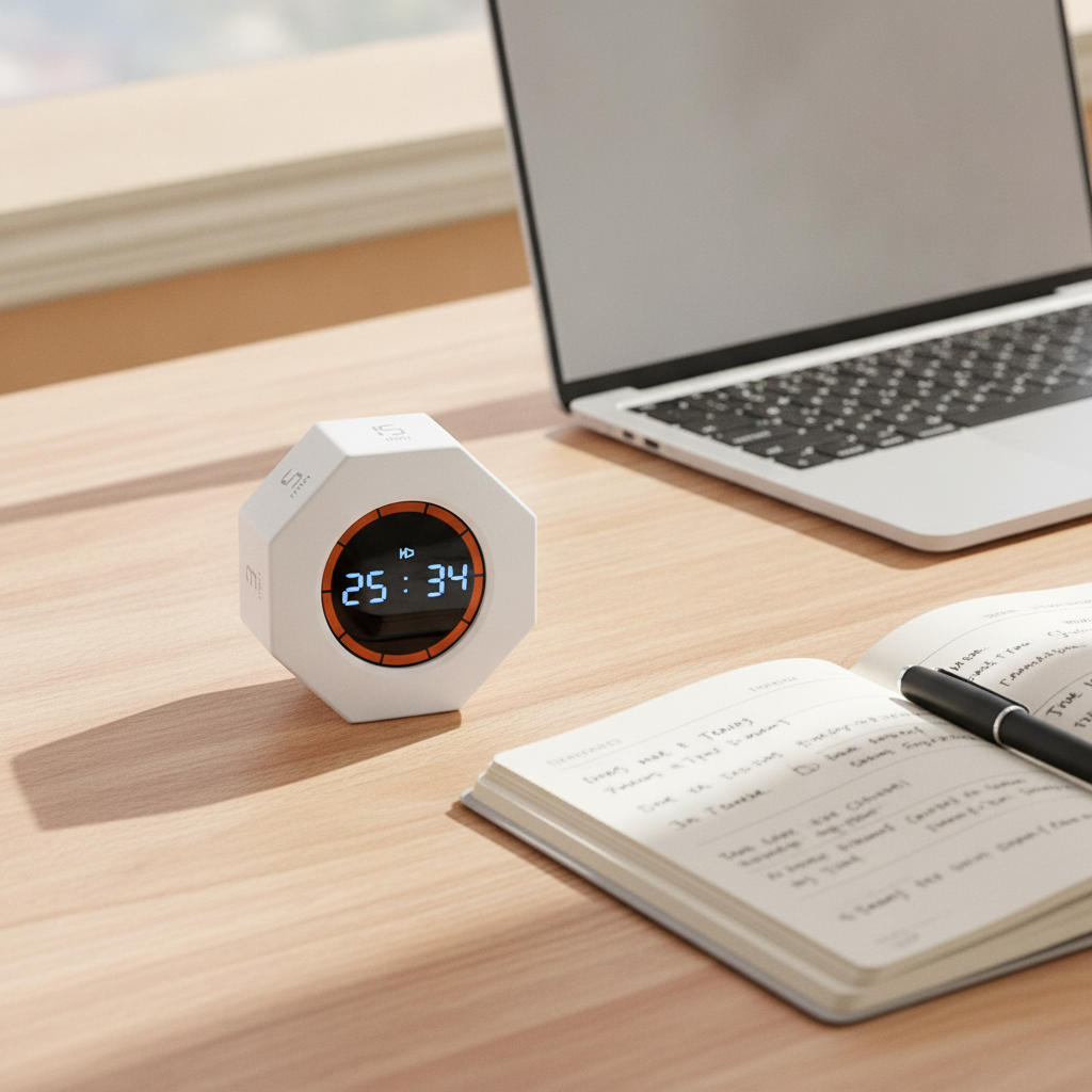 Octagonal pomodoro timer on a work desk beside a handwritten notebook, pen, and laptop during a focus session