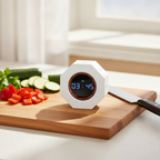 Octagonal pomodoro timer on a kitchen cutting board with chopped vegetables and a knife