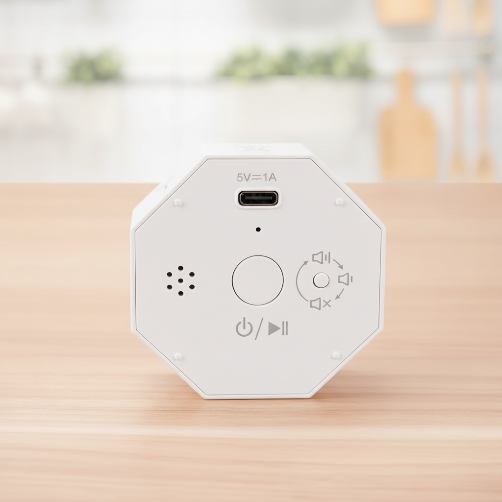 Back face of the octagonal pomodoro timer showing the USB-C charging port, power button, and volume controls