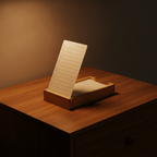 Bamboo to-do card holder with a checklist card propped up, lit by warm lamp light on a wooden nightstand at night