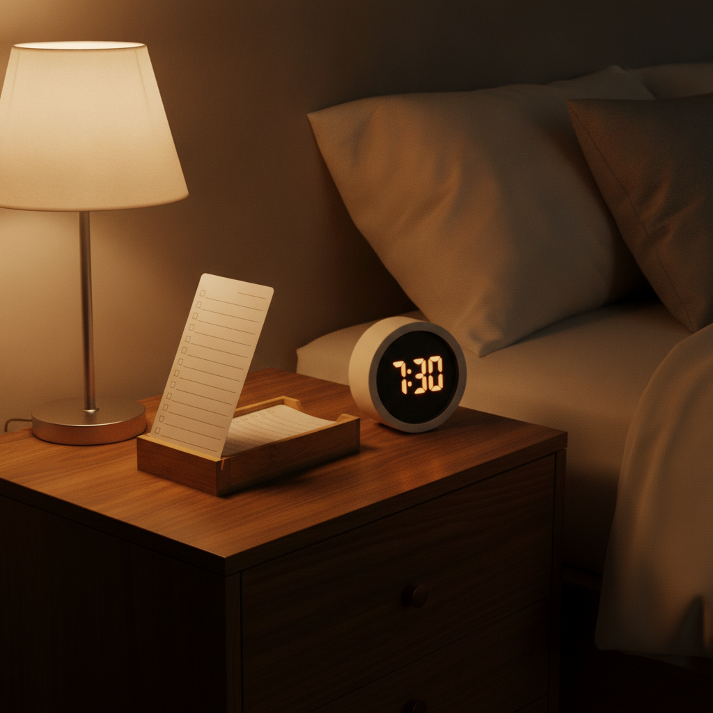 Bamboo to-do card holder on a bedroom nightstand next to a warm reading lamp and an alarm clock