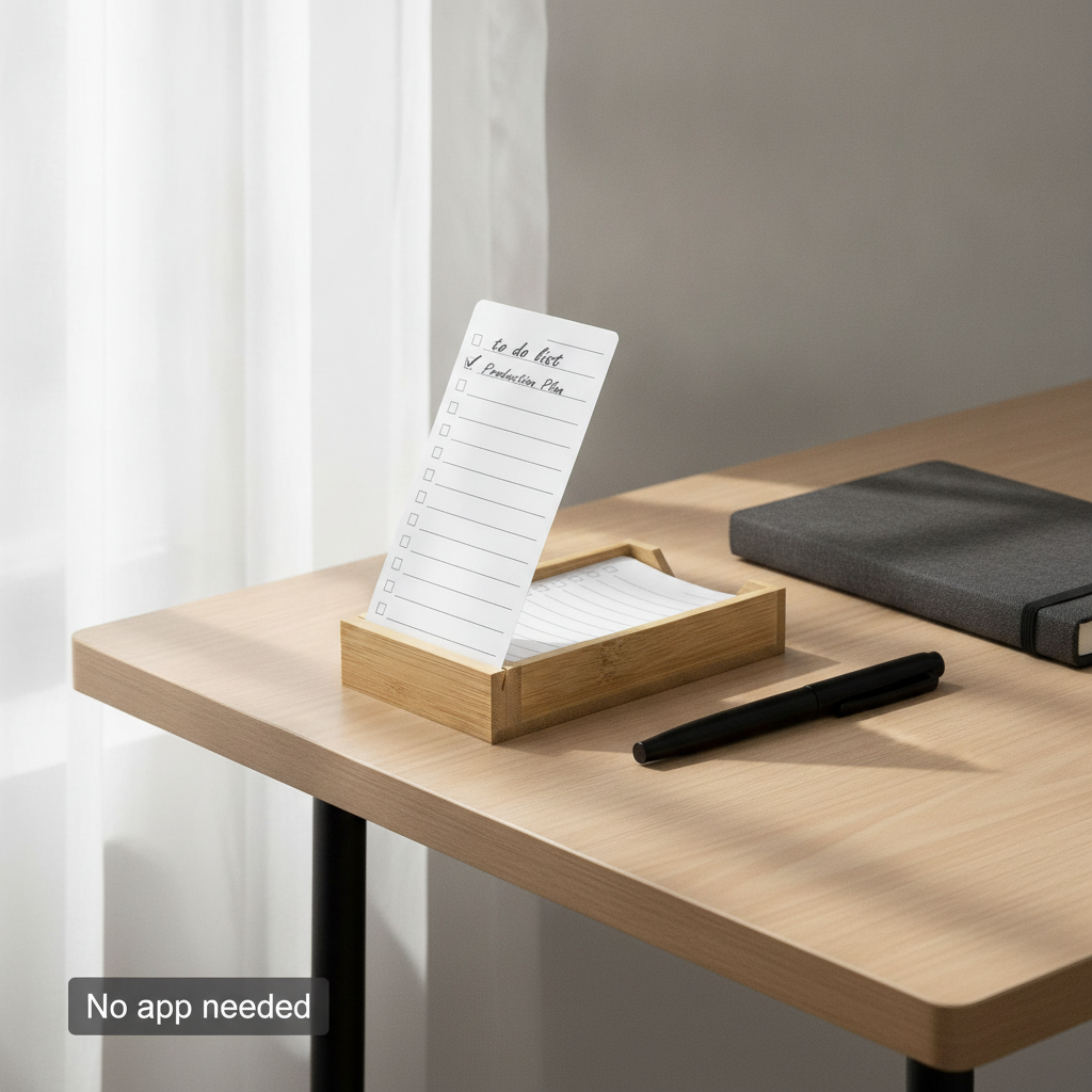 Bamboo to-do card holder on a desk corner beside a notebook and pen, with no phone or laptop in sight