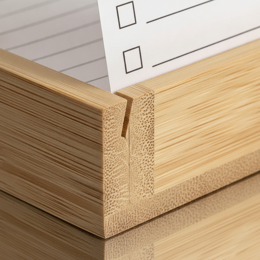 Close-up of the bamboo wood grain, mitered joint, and printed checkbox card on the to-do card holder