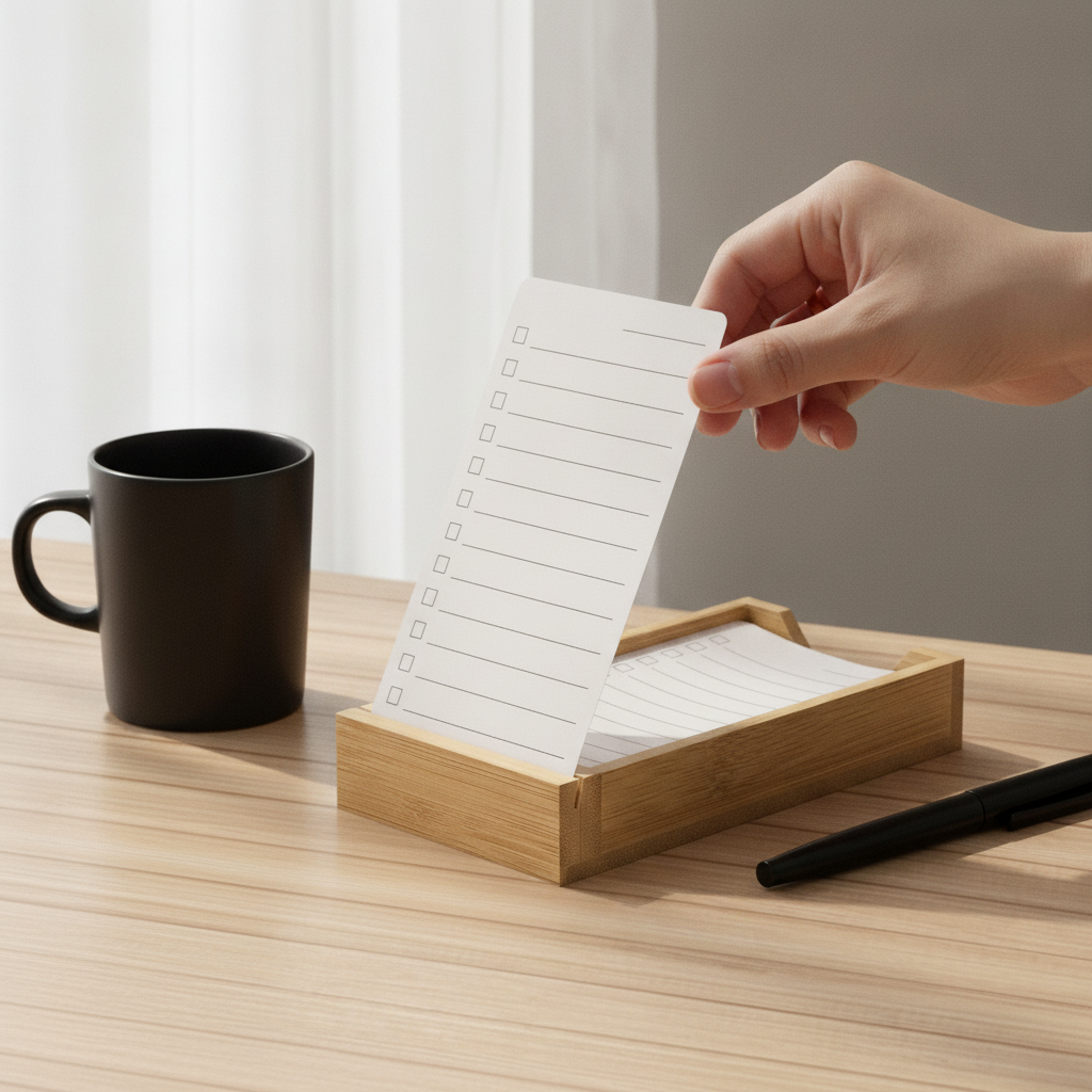 Hand lifting a to-do card from the bamboo holder next to a coffee mug and pen for size reference