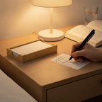 Hand writing tomorrow's task on a to-do card resting on the nightstand beside the empty bamboo holder